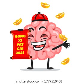 Vector illustration of brain mascot or character holding red scroll and says happy chinese new year 2021