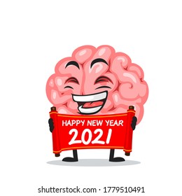 Vector illustration of brain mascot or character holding red scroll and say happy new year