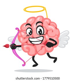 Vector illustration of brain mascot or character wearing cupid costume and holding a bow
