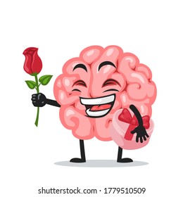 Vector illustration of brain mascot or character give flower and holding pink gift