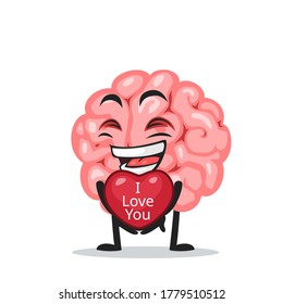Ilustración vectorial de la mascota del cerebro o el personaje dan el símbolo del amor y dice que te amo