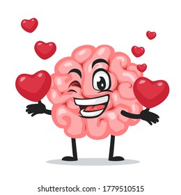 Vector illustration of brain mascot or character bring love symbols