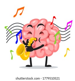 Vector illustration of brain mascot or character playing saxophone