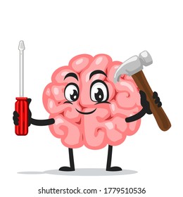 Ilustración vectorial de la mascota del cerebro o del martillo de retención y del destornillador