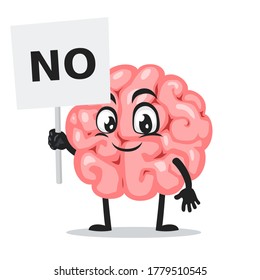 Vector illustration of brain mascot or character holding sign says no