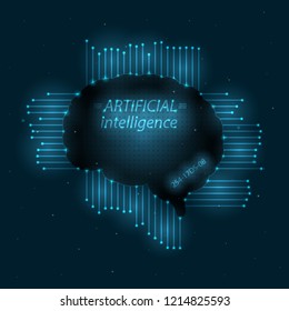 Vector illustration of a brain microchip. Design for artificial intelligence technology. Glow abstract design. Wireframe geometry on dark blue background with bright dots.