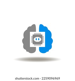 Vector illustration of brain with microchip or micro processor and robot face. Icon of machine learning. Symbol of AI Artificial Intelligence.