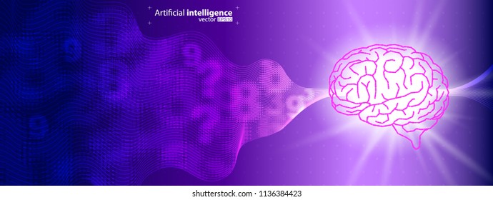 Vector illustration of a brain with number futuristic background. Concept of artificial intelligence technology. Bright abstract design. Multicolored image with blue, violet and wite.