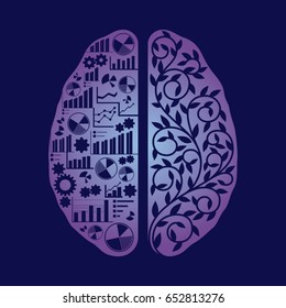 Vector illustration of brain on dark blue background with left hemisphere full of charts and right one containing floral motif