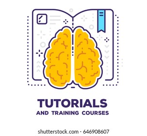 Vector illustration of brain with open book and icons. Tutorial concept with text on white background. Thin line art design of brain for education web, site, banner, business presentation