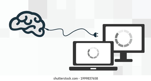 vector illustration of brain plugged to computer and different devices