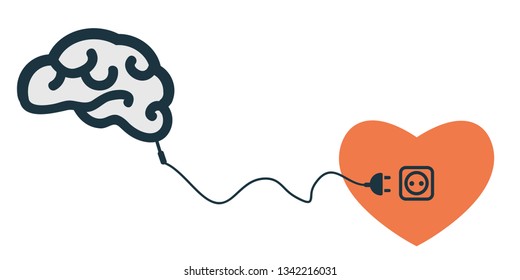 Vector Illustration Of Brain Plugged To Heart For Body And Mind Connection Concept