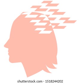 vector illustration of brain problems, memory loss, Alzheimer's disease, female dementia, senile dementia. Isolated on white background.
