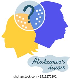 vector illustration of brain problems, memory loss, man and woman silhouette, Alzheimer's disease, dementia, senile dementia. Senior memory loss. Isolated on white background.