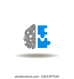 Vector illustration of brain and puzzle pieces. Icon of creative idea. Symbol of mind, think, thought, brainstorm. Sign of logical thinking.
