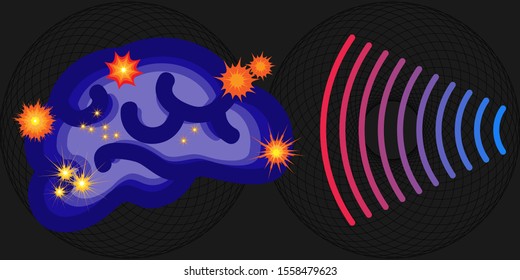 vector illustration of brain with radiation and explosion points for tumor cancer or negative influence of electromagnetic waves
