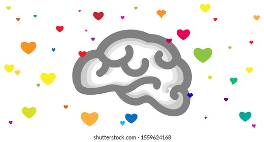 vector illustration of brain with rainbow hearts for physiological nature of love and hormones visuals