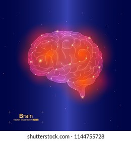 Vector illustration of a brain with red luminescence. Design for intelligence technology. Glow abstract design. Wireframe geometry on dark blue background.