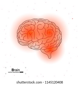 Vector illustration of a brain with red luminescence. Design for intelligence technology. Glow abstract design. Wireframe geometry on white background.
