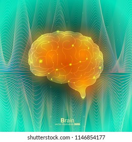 Vector illustration of a brain with red luminescence on the futuristic background. Design for intelligence technology. Glow abstract design. Wireframe geometry on green background with waves.