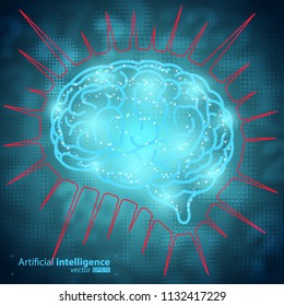 Vector illustration of a brain with red outline on the number background. Concept of artificial intelligence technology. Bright abstract design. Multicolored image with blue, red and wite.
