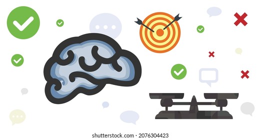 ilustración vectorial del cerebro y escalas con símbolos aprobados y denegados para el proceso de toma de decisiones