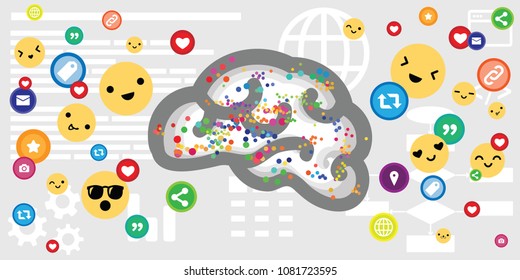 vector illustration of brain and smiling emoticons and likes icons for social media influence concepts