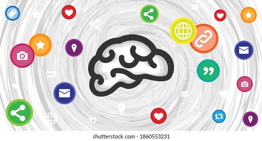 Vektorgrafik von Hirnspirale und verschiedenen sozialen Medien-Symbolen für Internetabhängigkeit und -überlastung