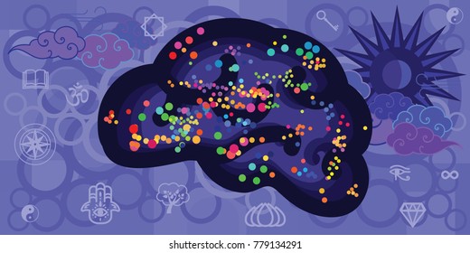 ilustración vectorial de los símbolos cerebrales y espirituales en el cielo azul oscuro para conceptos mentales y meditación soñación y actividades sobrenaturales