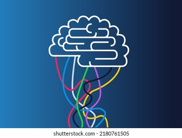 Ilustración vectorial de un símbolo cerebral con cadenas conectadas. Concepto de inteligencia artificial IA, interfaz de internet cerebral.