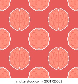 Vector illustration brain top pattern.  Print of the right and left hemispheres of the brain. Seamless brain pattern on red background.