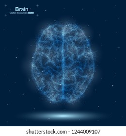 Vector illustration of a brain. Top view. Design for intelligence technology. Glow abstract design. Wireframe geometry on dark blue background.