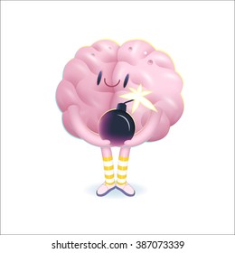 A vector illustration of a brain wearing knee-length striped socks holding the bomb in its hands, the metaphor of patience
