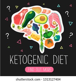 Vector illustration of a brain which is filled with ketogenic poducts. Keto diet poster or banner.