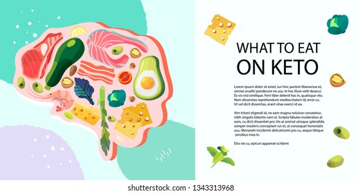 Vector illustration of a brain which is filled with ketogenic poducts. Keto diet banner, landing page, flyer or blog post.