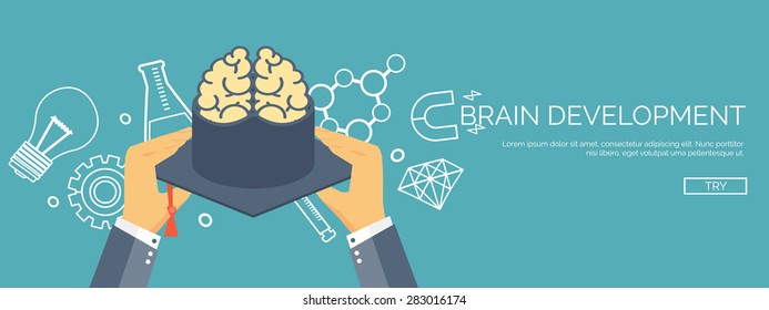 Vector illustration. Brains and academic cap. Education and online courses, web tutorials, e-learning. Study and creative process. Power of knowledge. 