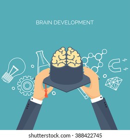 Vector illustration. Brains, academic cap. Education, online courses, web tutorials, e-learning. Study, creative process. Power of knowledge. 