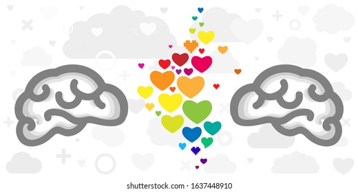 vector illustration of brains and rainbow hearts for friendship and love two people connection