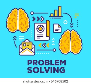 Ilustración vectorial de cerebros con esquema e iconos. Concepto de resolución de problemas con texto en fondo azul. Diseño de arte en línea delgada para web, sitio, banner, presentación empresarial
