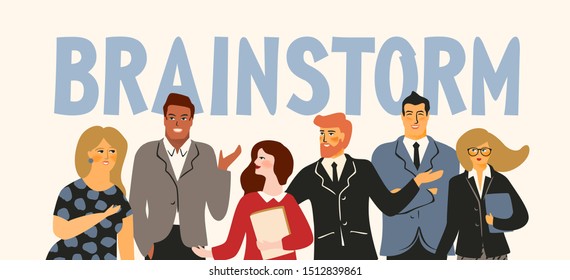 Vector illustration of brainstorm. Office workers, businessmen, managers. Design elements