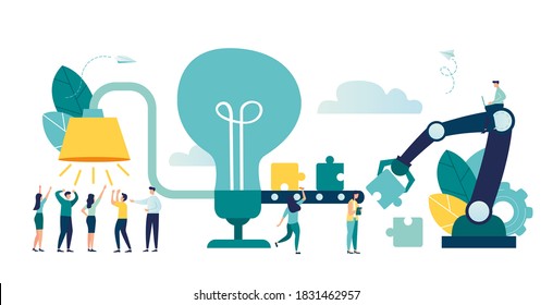Vector illustration, brainstorming, business concept for teamwork, finding new solutions, generating and generating ideas