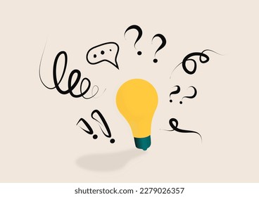 Ilustración vectorial, lluvia de ideas, concepto de negocio para la colaboración, búsqueda de nuevas soluciones con bombilla