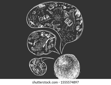 Vector illustration of brainstorming and dreaming process. Men head and floating clouds with thoughts. Business, idea, finances, woman, travel, relationships, money. Vintage hand drawn style on black