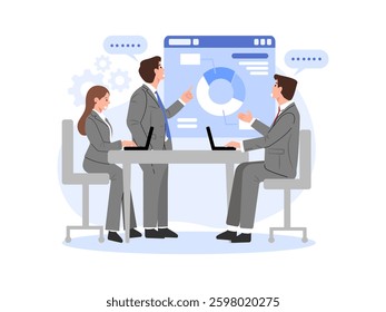A vector illustration of a brainstorming meeting showcasing teamwork, with professionals discussing charts and data.