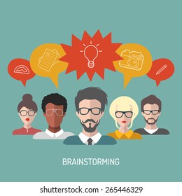 Vector illustration of brainstorming with people and speech bubbles. Business team management icons in flat style.