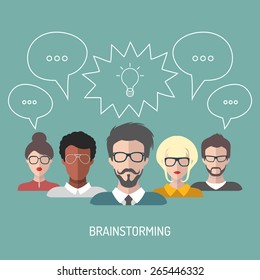 Vector illustration of brainstorming with people and speech bubbles. Business team management icons in flat style.