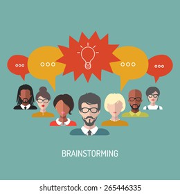 Vector illustration of brainstorming with people and speech bubbles. Business team management icons in flat style.