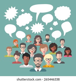 Vector illustration of brainstorming with people and speech bubbles. Business team management icons in flat style.