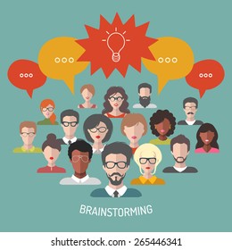 Vector illustration of brainstorming with people and speech bubbles. Business team management icons in flat style.