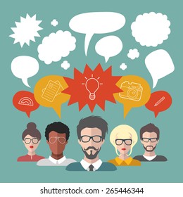Vector illustration of brainstorming with people and speech bubbles. Business team management icons in flat style.